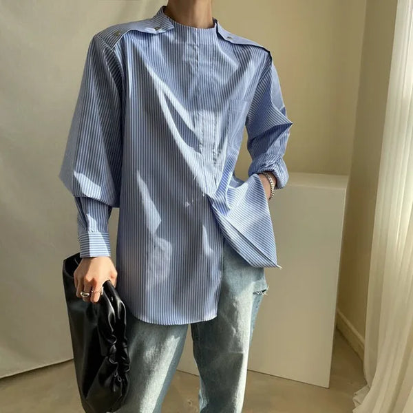 Chic Striped Metal Buttoned Blouse