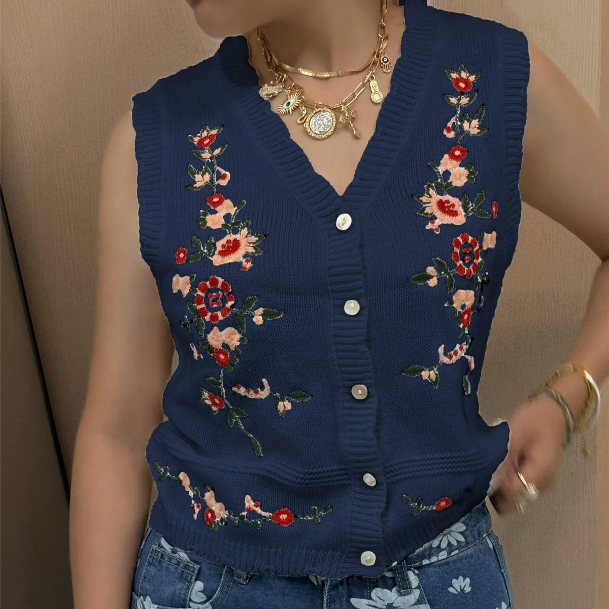 VILZSTUDIOS Cozy Knit Floral Embroidered V-Neck Vest