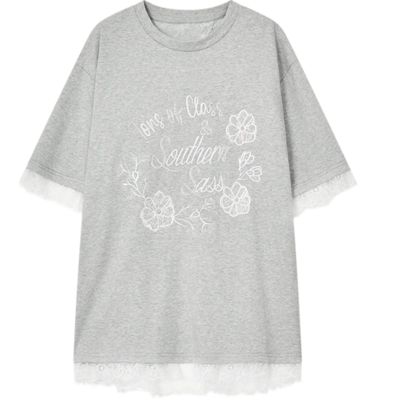 VILZSTUDIOS Lace Patchwork Casual Short Sleeve T-Shirt