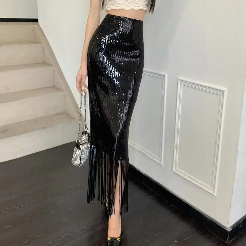 VILZSTUDIOS Sequin Tassel Bodycon High Waist Skirt