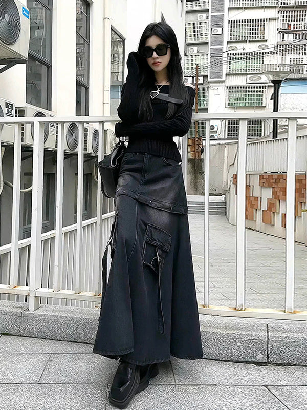 Vintage Black Denim Skirt with Pockets