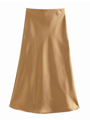 VILZSTUDIOS Elastic Waist Satin A-Line Skirt