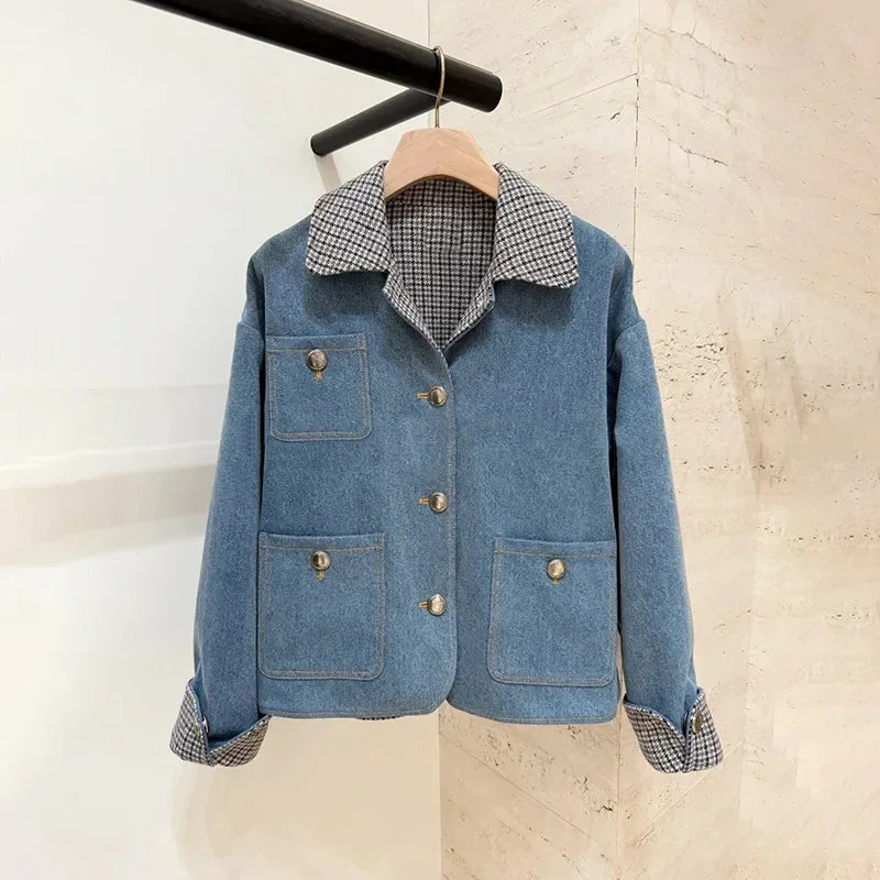 VILZSTUDIOS Plaid Contrast Denim Jacket