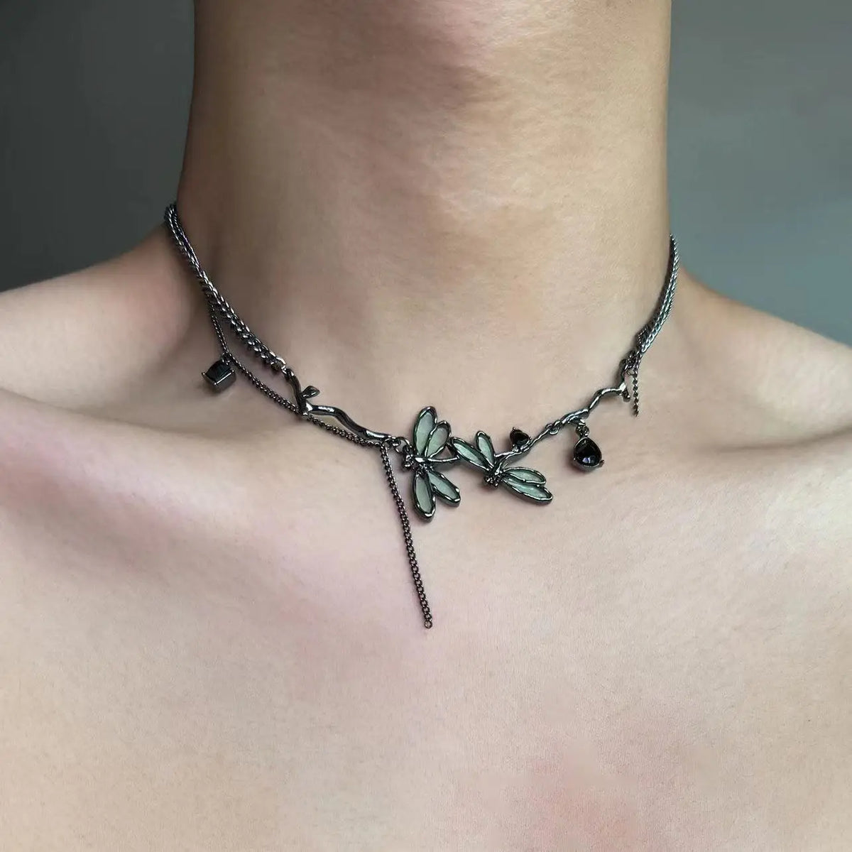 VILZSTUDIOS Gothic Black Dragonfly Choker Necklace