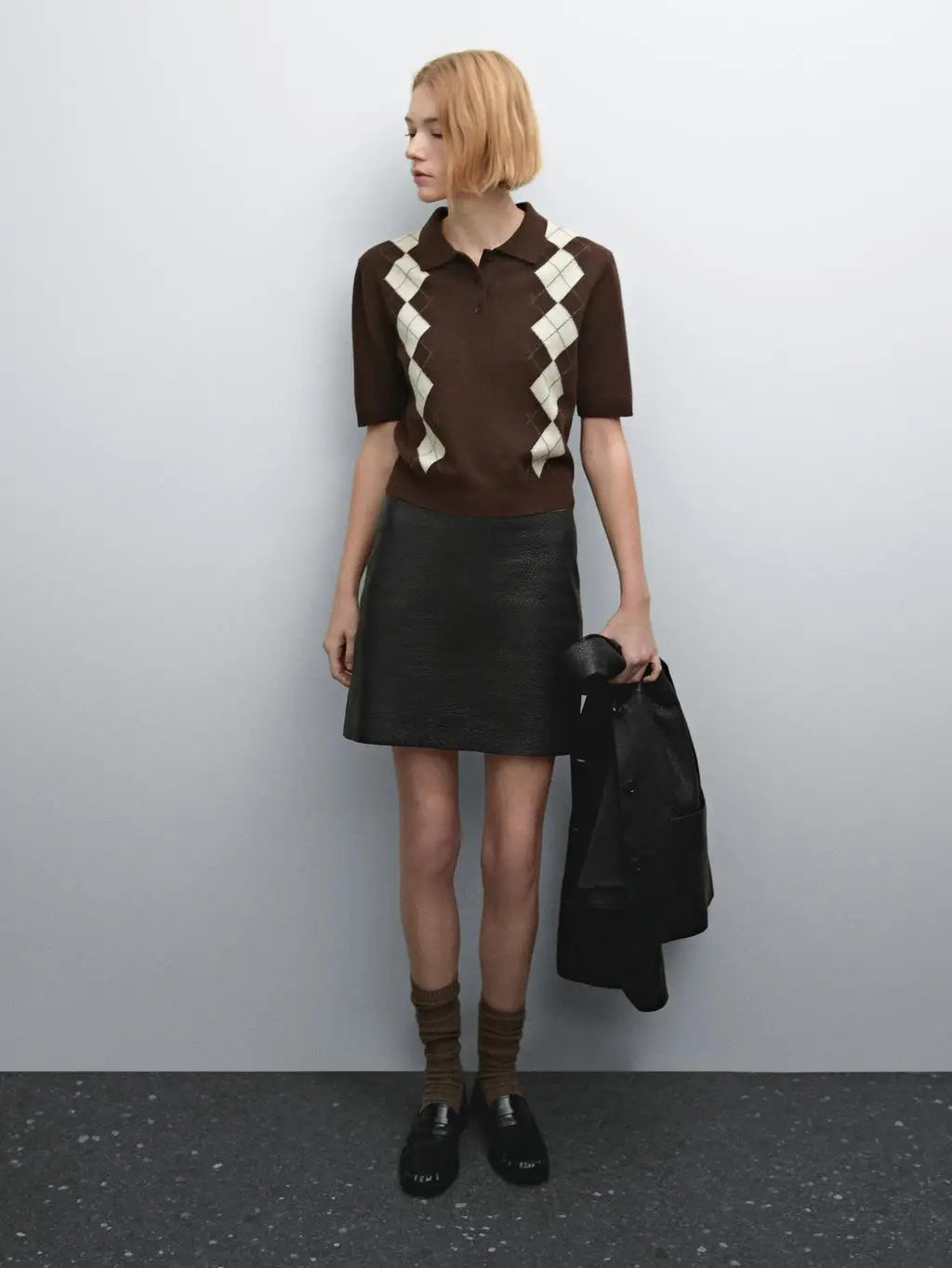 VILZSTUDIOS Brown Diamond Knitted Half Sleeve Sweater