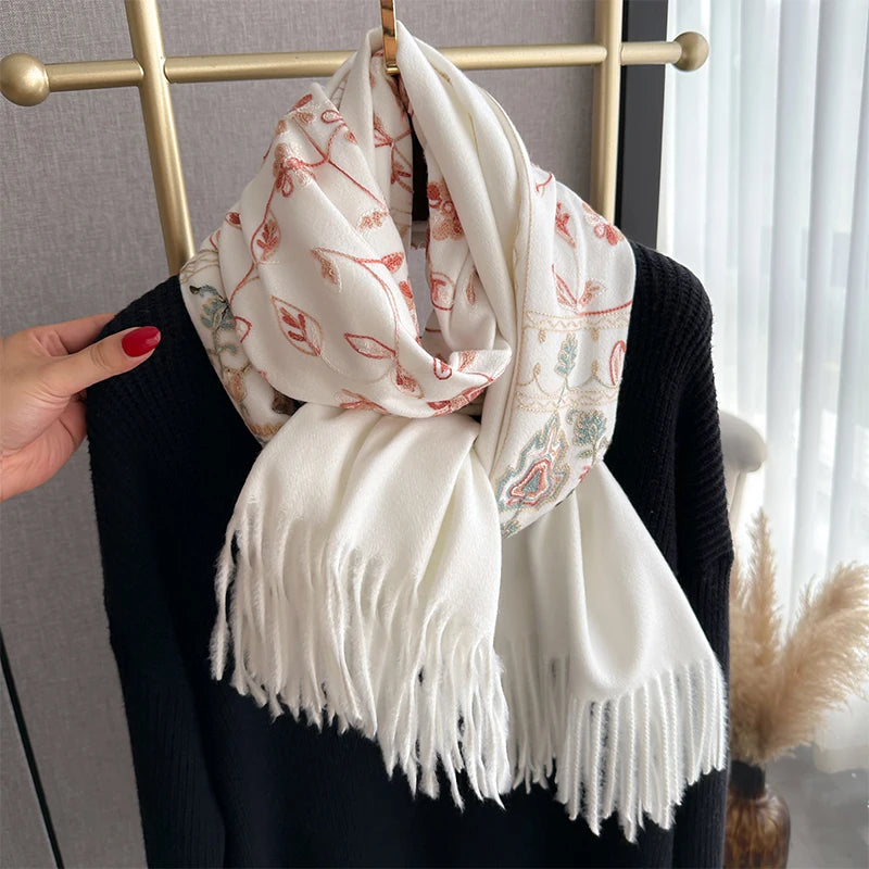 VILZSTUDIOS New Luxury Design Winter Embroidery Cashmere Scarves High Quality Women Thicken Wrap Shawl Ladies Warm Wool Pashmina Scarf
