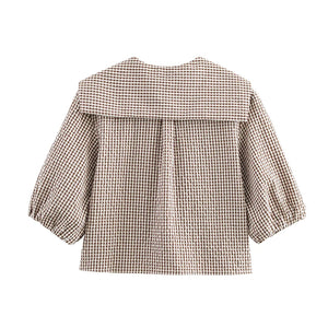 VILZSTUDIOS Vintage Plaid Print Puff Sleeve Shirt