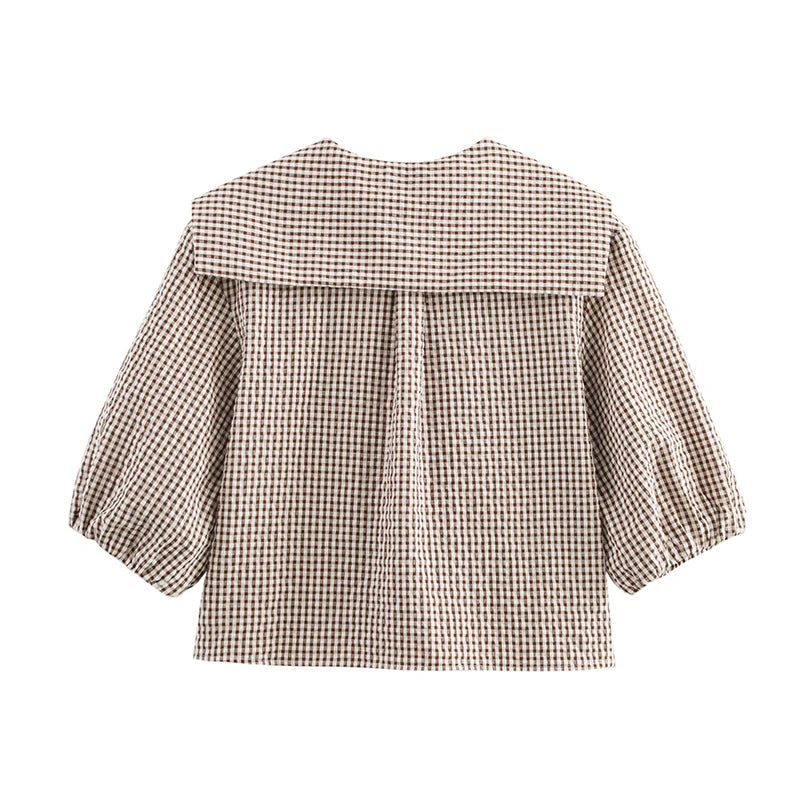 VILZSTUDIOS Vintage Plaid Print Puff Sleeve Shirt