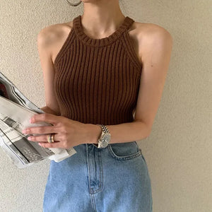 VILZSTUDIOS Chic Round Neck Knitted Halter Top