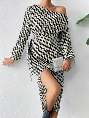 VILZSTUDIOS Striped Print Off-Shoulder Dress with Lantern