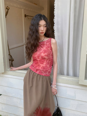 VILZSTUDIOS Red Flocking Floral Backless Blouse