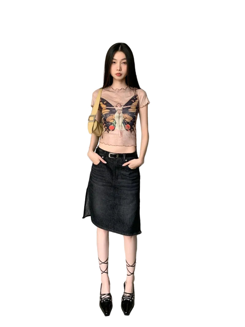 VILZSTUDIOS Butterfly Frill Mesh Graphic Crop Top