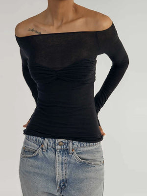 VILZSTUDIOS Sexy Mesh Off Shoulder Ruched T-Shirt