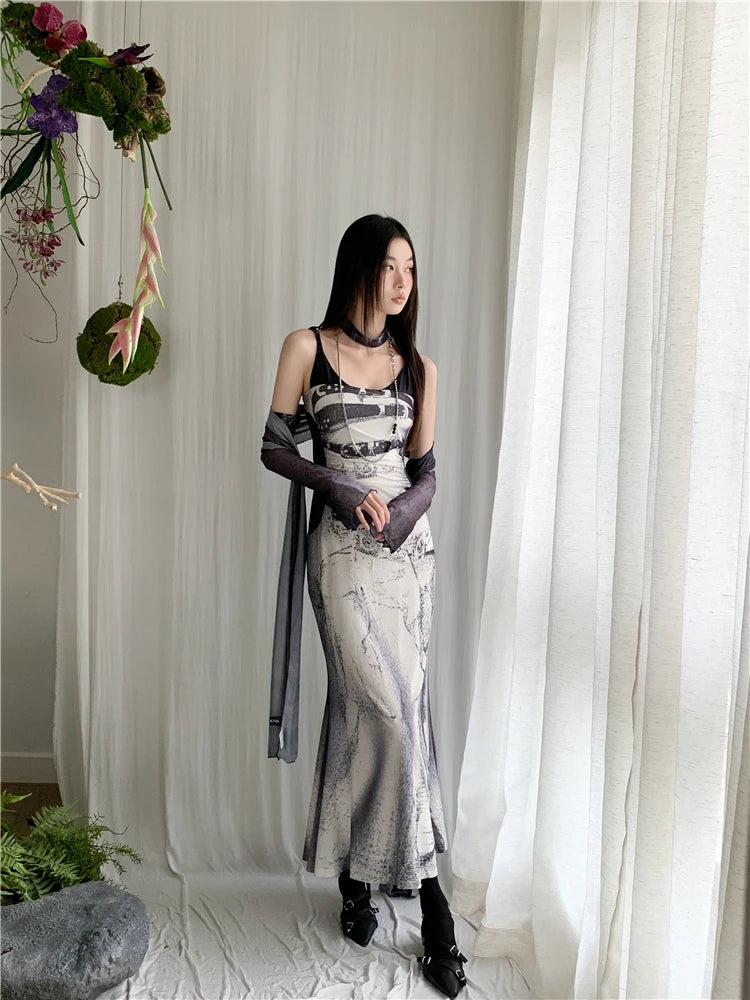 VILZSTUDIOS Elegant Patchwork Mesh Long Slip Dress