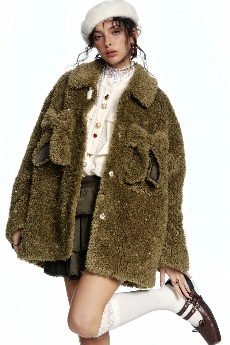 VILZSTUDIOS Y2K Olive Bowknot Pockets Jacket