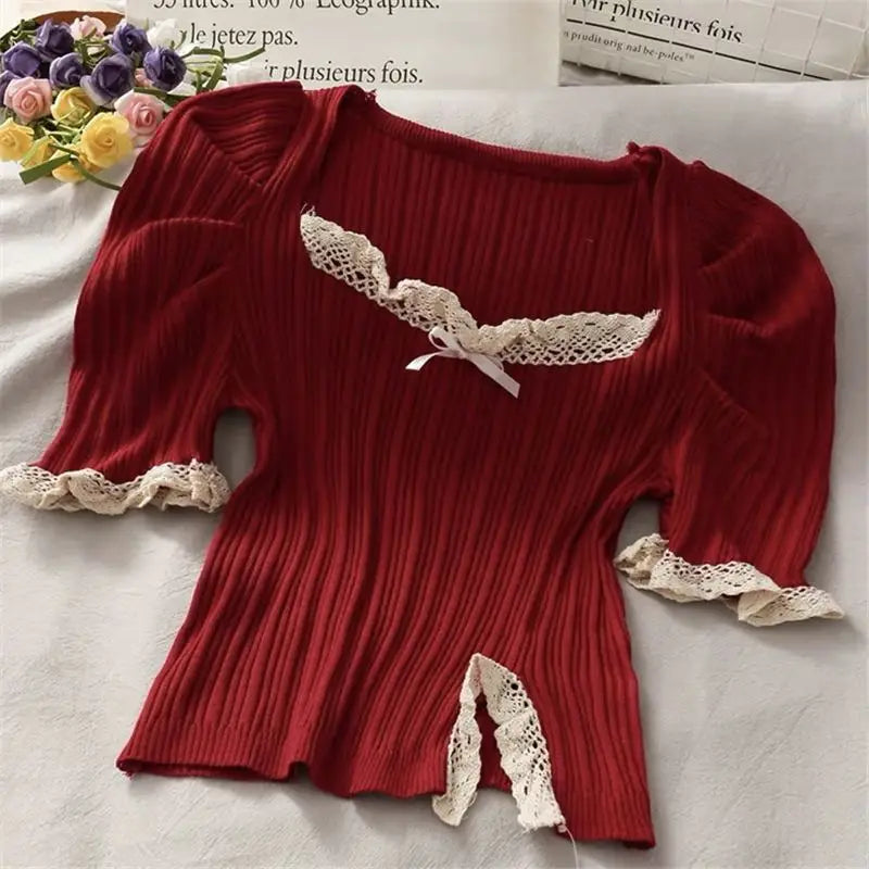 VILZSTUDIOS Spicy Girl Square Neck Lace Shirt