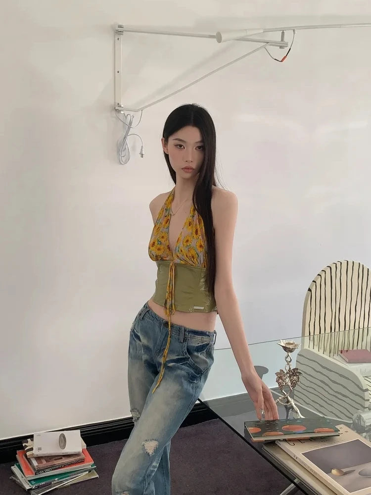VILZSTUDIOS Yellow Daisies Front Tie Halter Crop Top