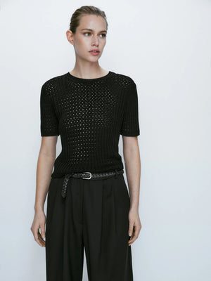 VILZSTUDIOS Black Knitted Hollowed Out T-Shirt