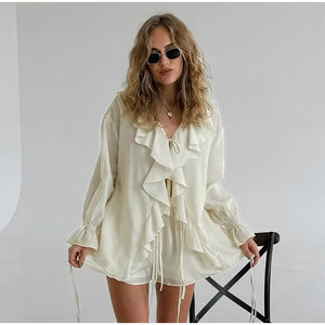 VILZSTUDIOS Chic White Linen Lace-Up Shirt