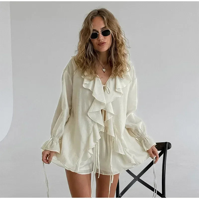 VILZSTUDIOS Chic White Linen Lace-Up Shirt