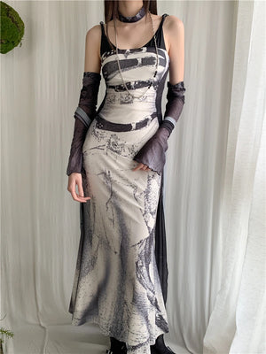 VILZSTUDIOS Elegant Patchwork Mesh Long Slip Dress