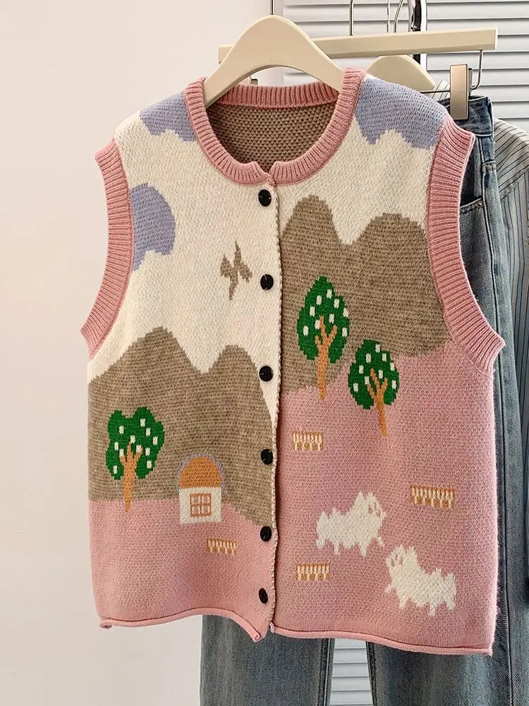 VILZSTUDIOS Oversized Jacquard Knit Sleeveless Cardigan
