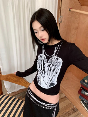 VILZSTUDIOS Black Pearl Print Long Sleeve Cropped Top