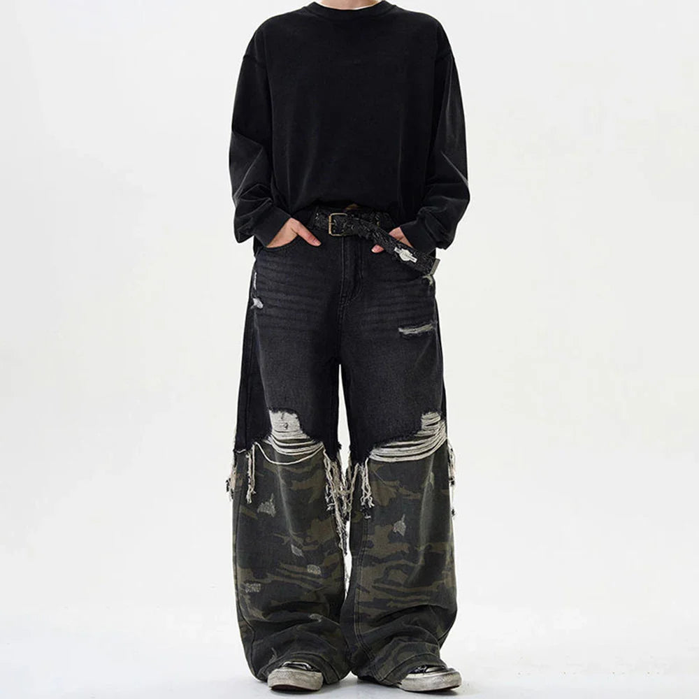 VILZSTUDIOS Retro Camouflage Stitched Baggy Ripped Jeans