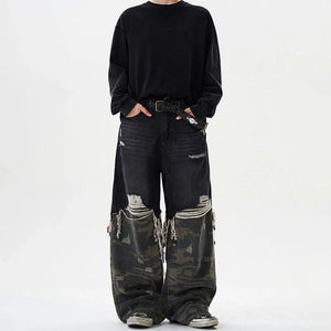 VILZSTUDIOS Retro Camouflage Stitched Baggy Ripped Jeans