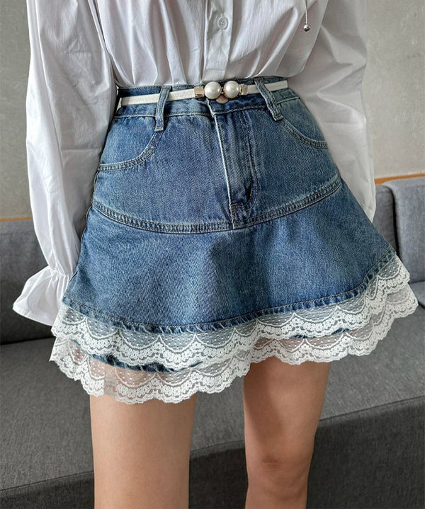 Spicy Korean Lace Ruffle Denim Skirts