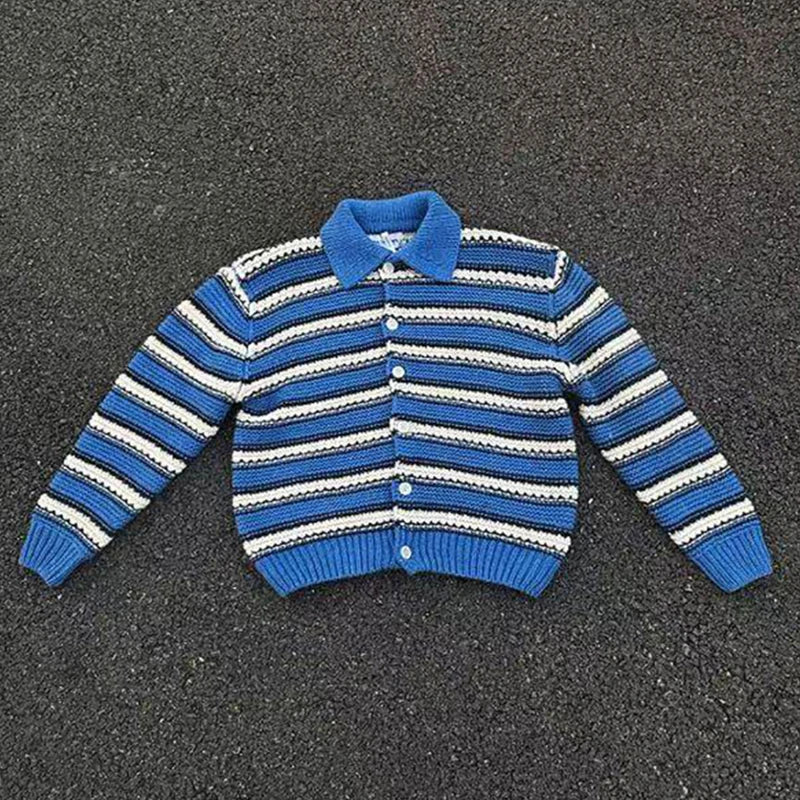 VILZSTUDIOS Vintage Striped Crochet Button-Up Cardigan