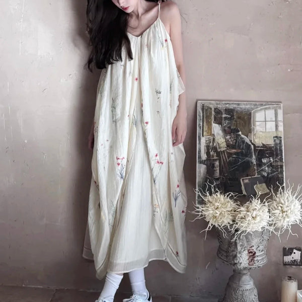 Elegant Botanical Embroidery Halter Dress