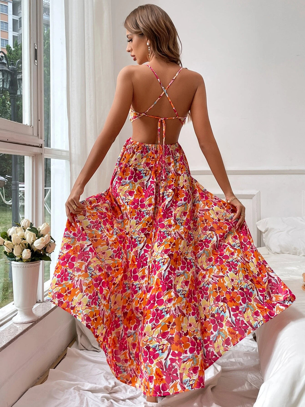 VILZSTUDIOS Vibrant Floral Print Suspender Skirt