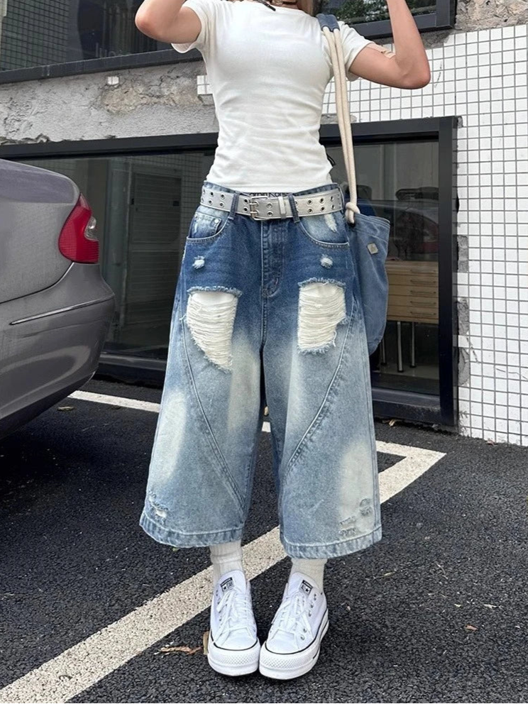 VILZSTUDIOS High Waist Ripped Wide Leg Jorts