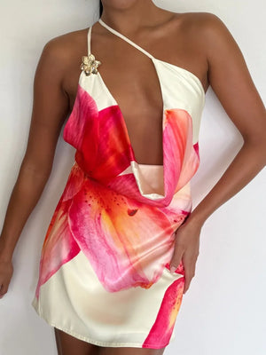 VILZSTUDIOS One Shoulder Backless Print Mini Dress