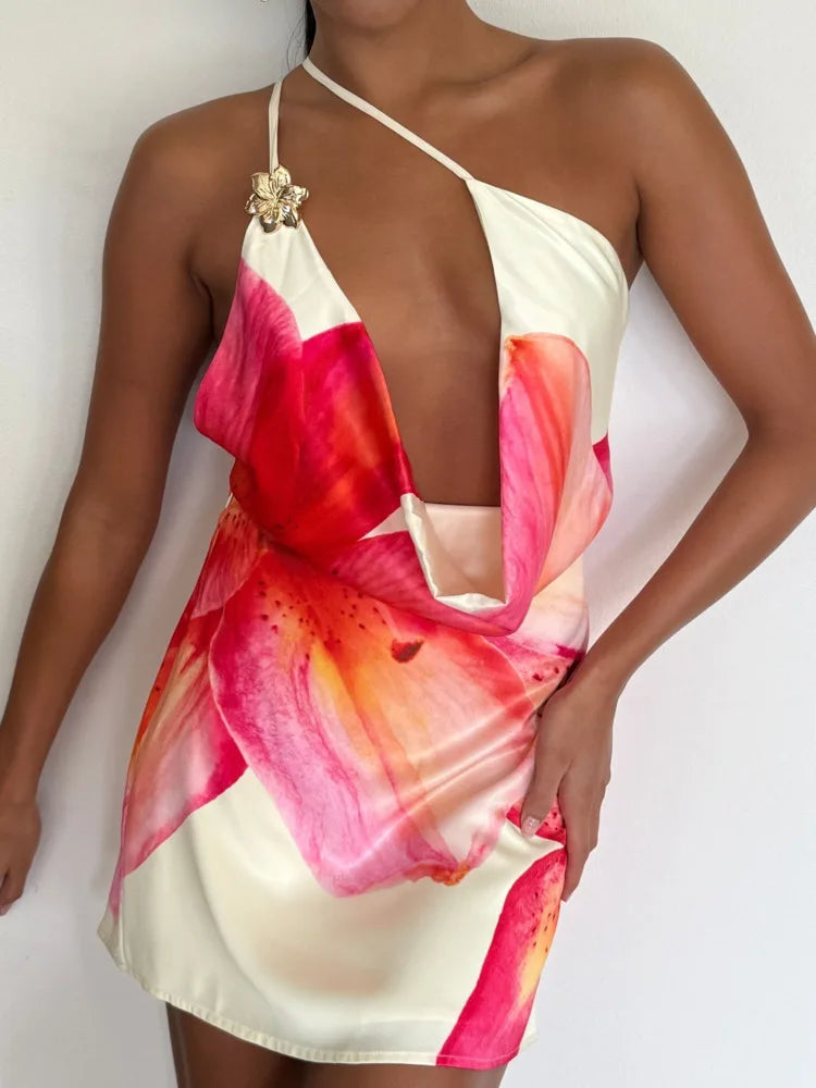VILZSTUDIOS One Shoulder Backless Print Mini Dress