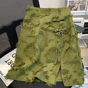 VILZSTUDIOS Elegant Green Chinese Style A-Line Skirt