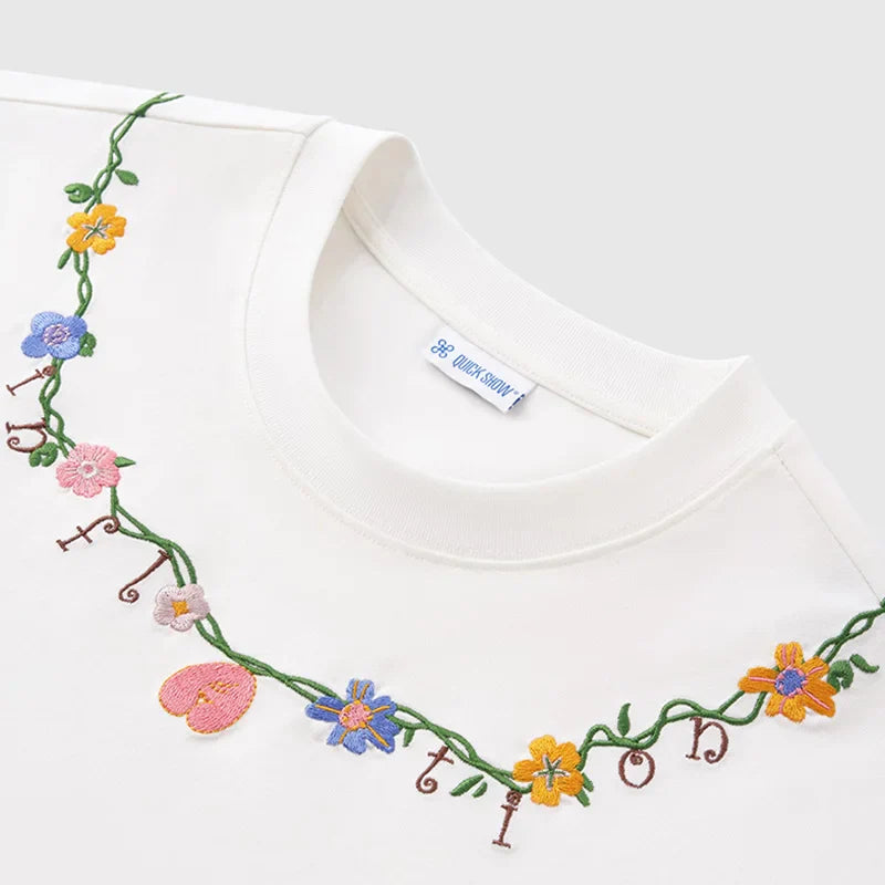 VILZSTUDIOS Oversized Floral Chain Embroidered Loose T-Shirt