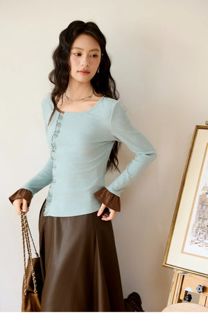 VILZSTUDIOS Blue Color Blocked Knitted Ruffled Long Sleeve Top
