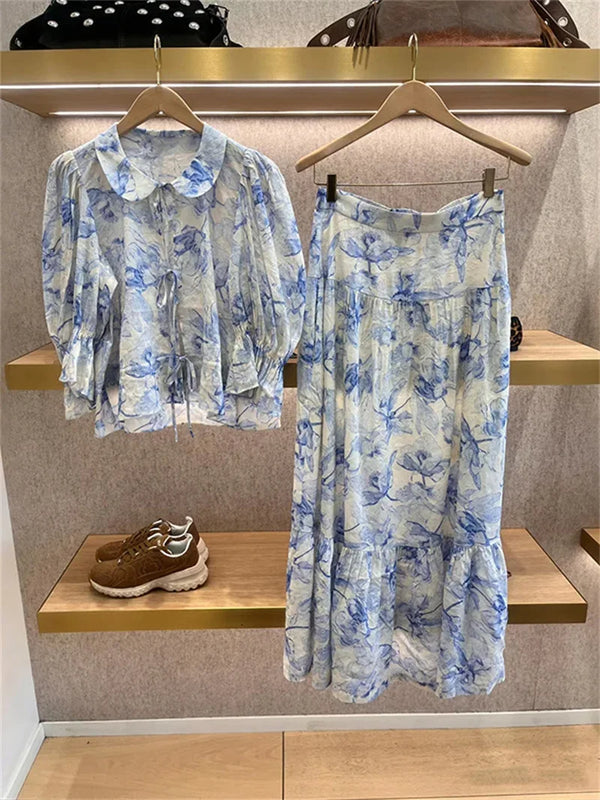Blue Printed Floral Sweet Sleeve Blouse & Maxi Skirt Set
