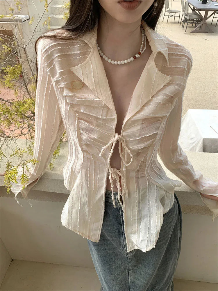 VILZSTUDIOS Apricot Fairycore Lace Up Cropped Blouse