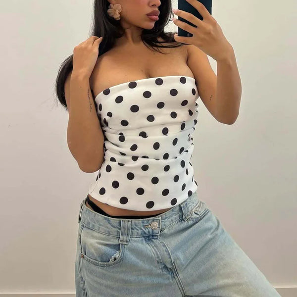 Polka Dot Strapless Ruched Crop Top