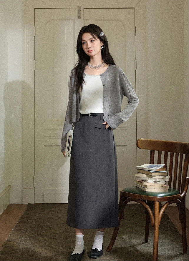 VILZSTUDIOS Casual Gray Knitted Long Sleeve Cardigan