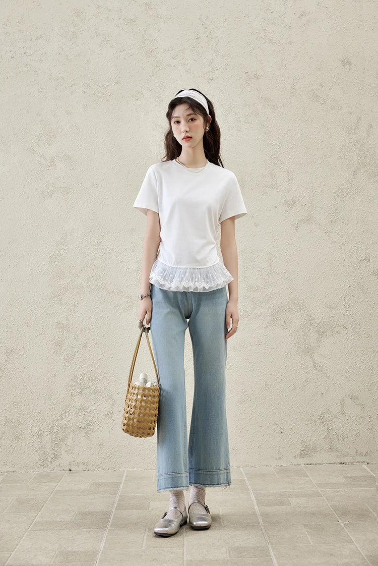 VILZSTUDIOS Versatile Lace Hem Splicing Round T-Shirt