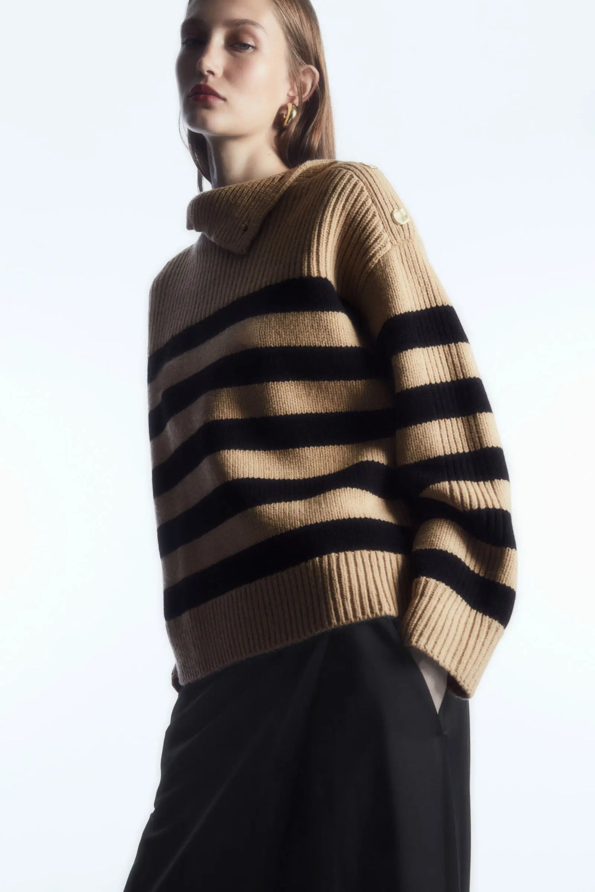 VILZSTUDIOS Striped Button Turtleneck Casual Sweater