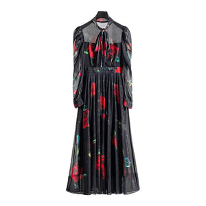 VILZSTUDIOS Elegant Black Bow Tie Sheer Dress