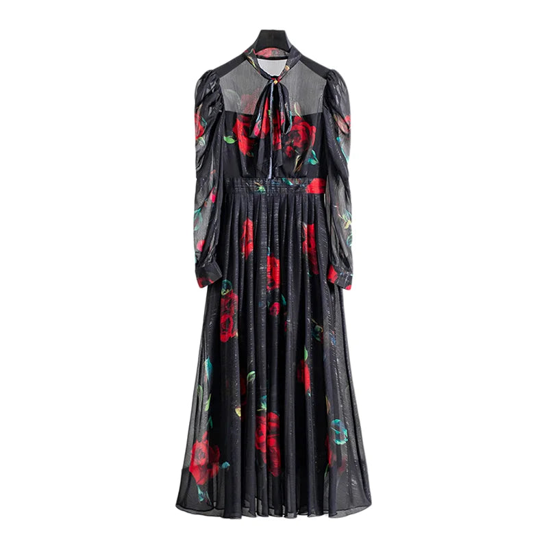 VILZSTUDIOS Elegant Black Bow Tie Sheer Dress