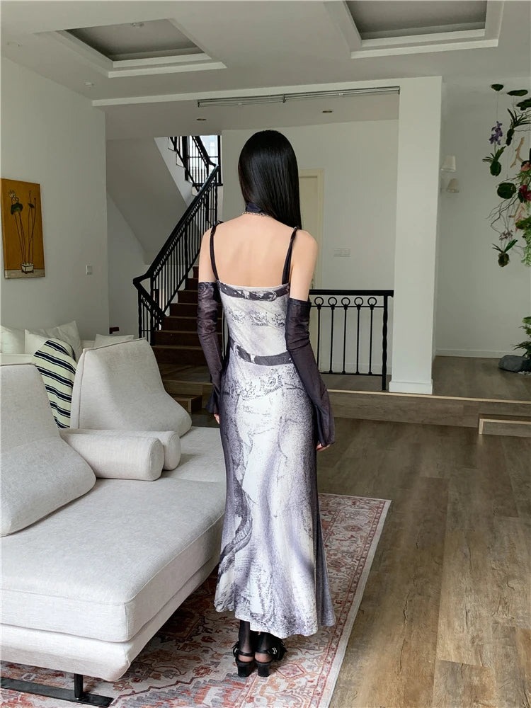 VILZSTUDIOS Elegant Patchwork Mesh Long Slip Dress