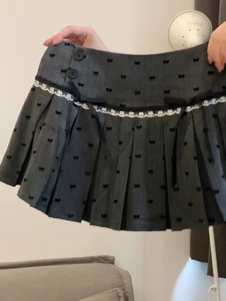 VILZSTUDIOS Vintage Grey A-Line Ribbon Prints Mini Skirt