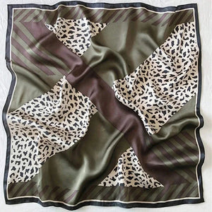 VILZSTUDIOS 70*70cm Leopard Green Brown Silk Scarf Women Simulated Silk Fresh and Elegant Versatile Headwear Clothing Bags and Square Scarf